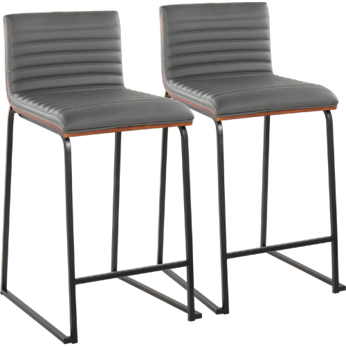 Mason Mara 26" Counter Stool in Black Metal, Walnut Wood & Grey Leatherette (Set of 2)